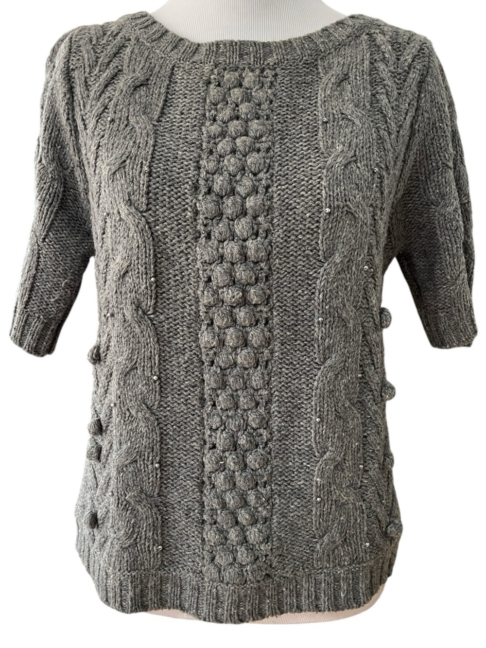 I LOVE H81 SHORT SLEEVE WOOL BLEND BEADED CABLE MIXED KNIT SWEATER GRAY SIZE M